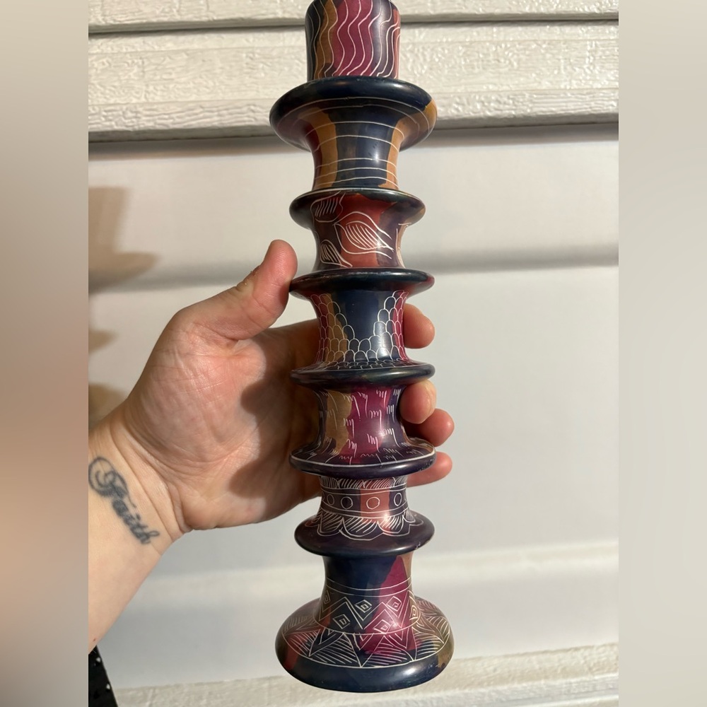 Mid century modern Colorful carved soapstone tiered Candle Holder